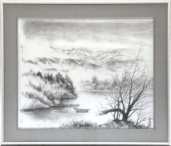 三峰川の柳の樹とその背景のアルプスのイメージ